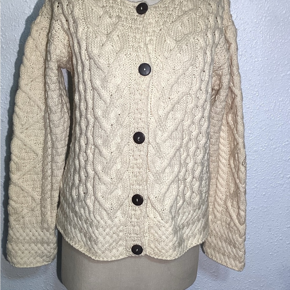 Carraigdonn 100% merino wool Cable Knit Cream Sweater size large - Picture 3 of 13